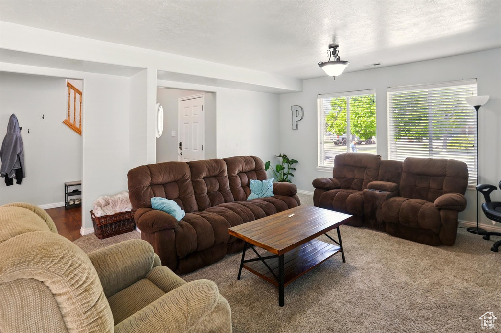 Carpeted living room with baseboards