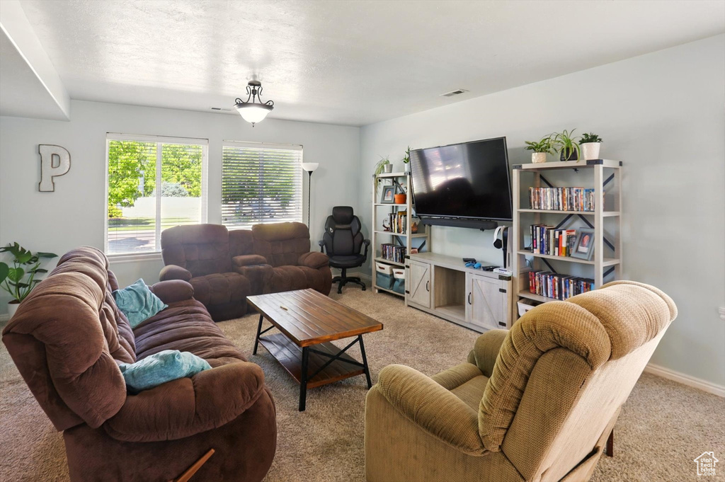 Living room with light colored carpet