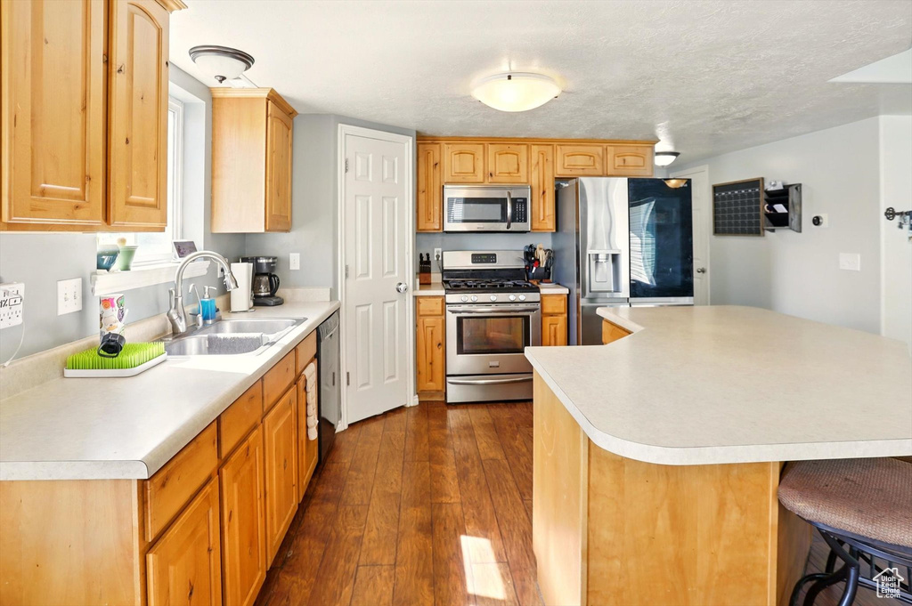 Kitchen with stainless steel appliances, a sink, light countertops, and dark wood-style floors