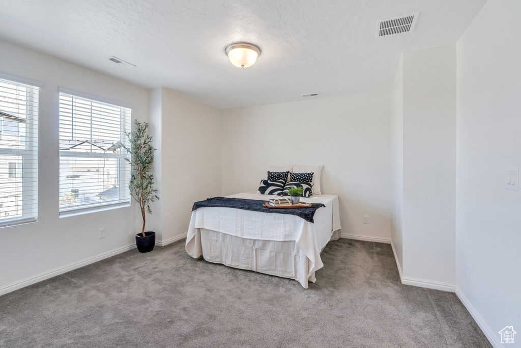 Carpeted bedroom featuring baseboards and a textured ceiling