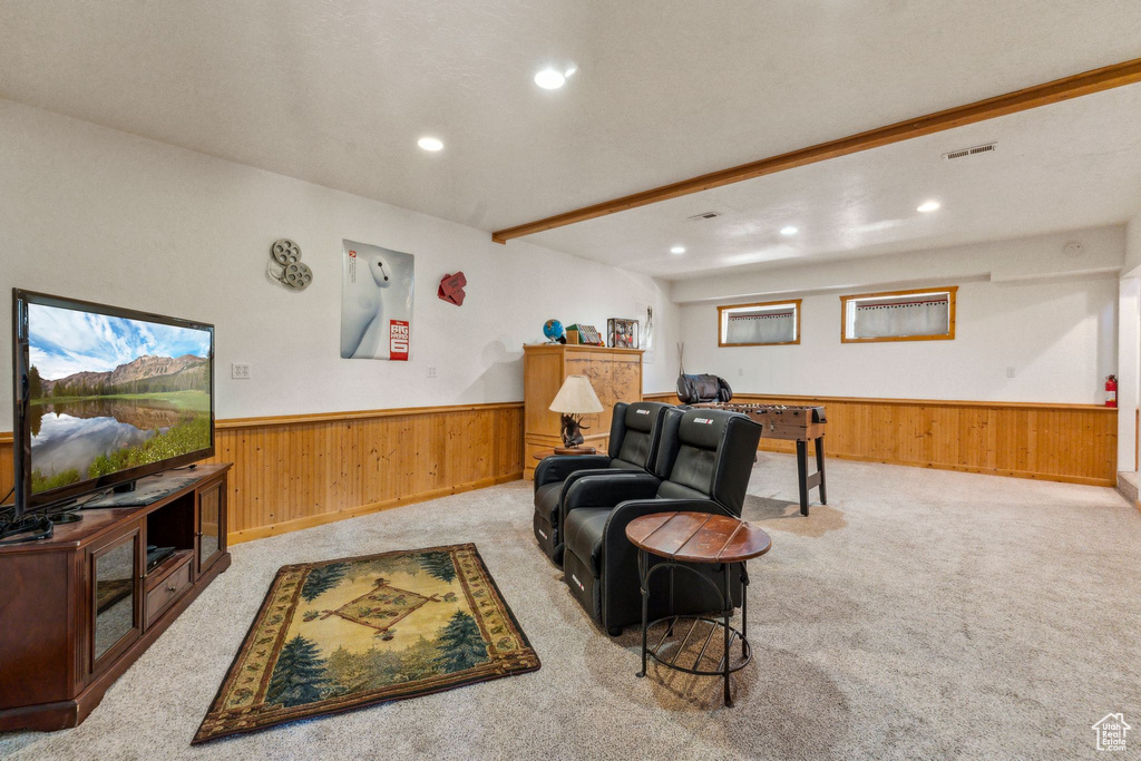 Living area featuring wainscoting, wood walls, recessed lighting, and carpet