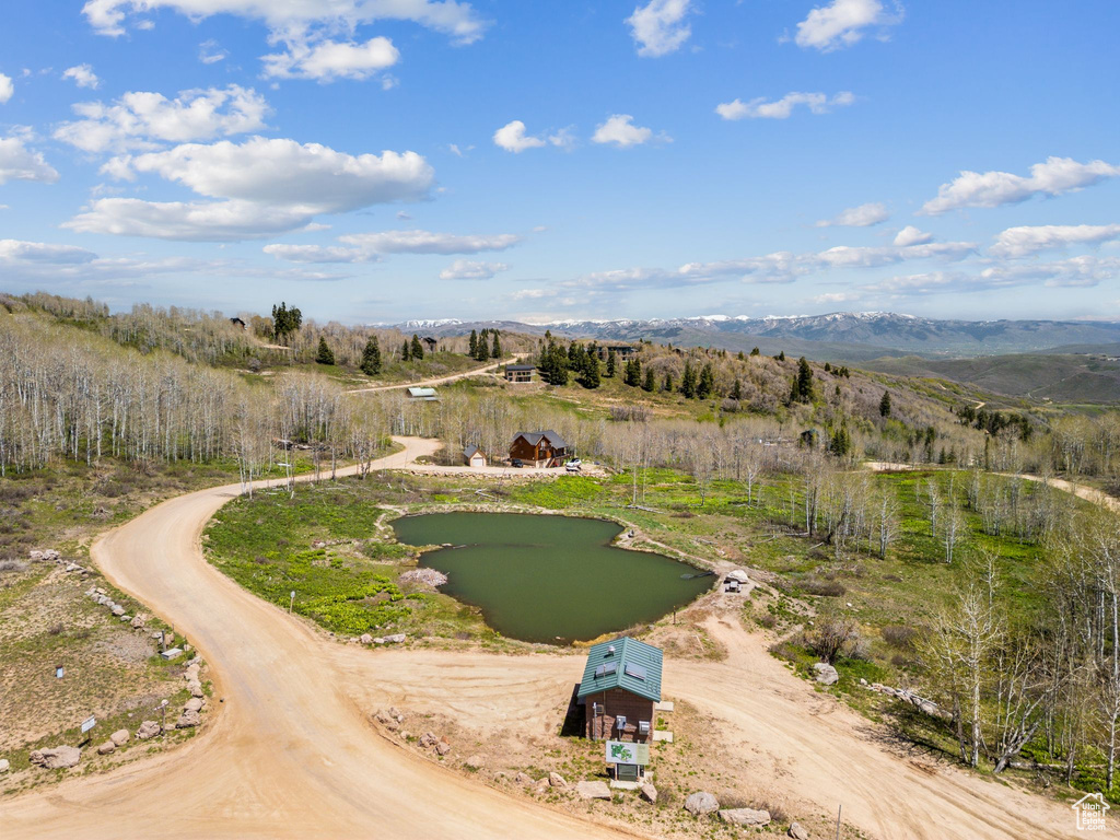 Aerial view of a water and mountain view
