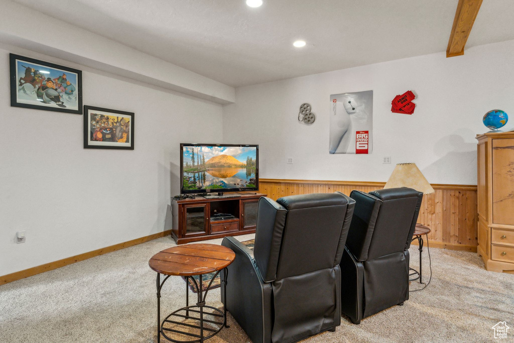 Cinema room featuring light colored carpet, wooden walls, a wainscoted wall, recessed lighting, and baseboards