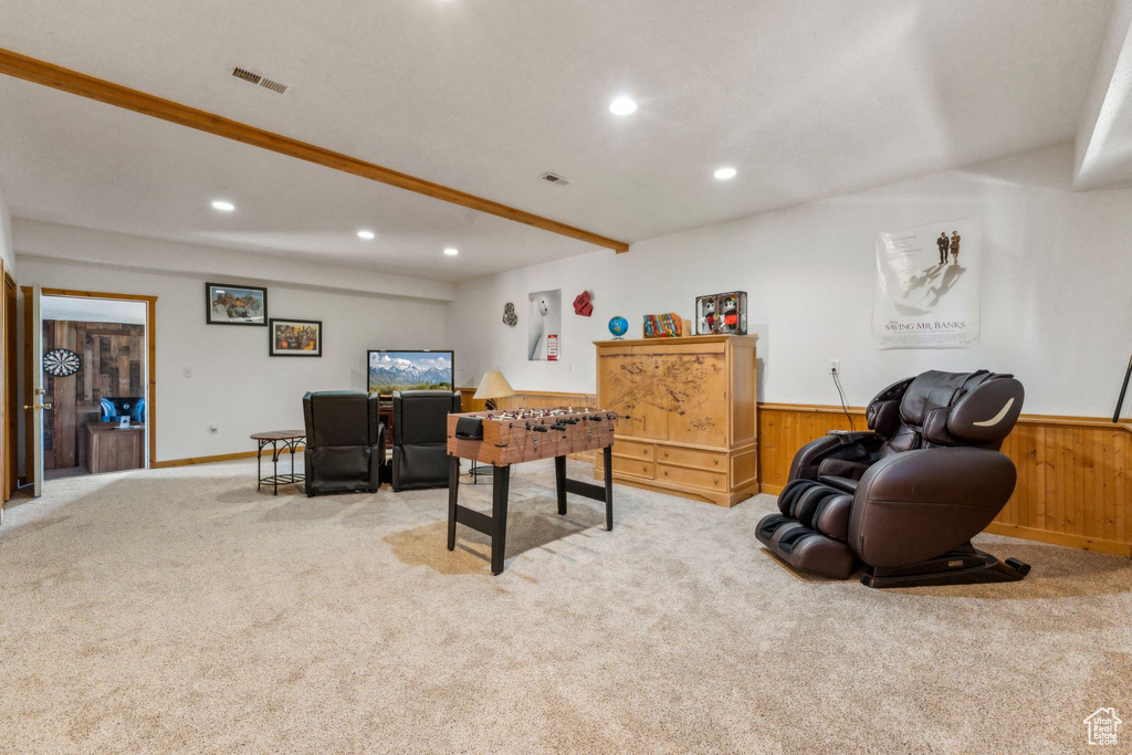 Playroom with recessed lighting, carpet, wainscoting, wood walls, and baseboards