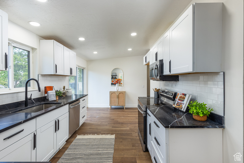 Kitchen featuring stainless steel appliances, a sink, recessed lighting, healthy amount of natural light, and white cabinets