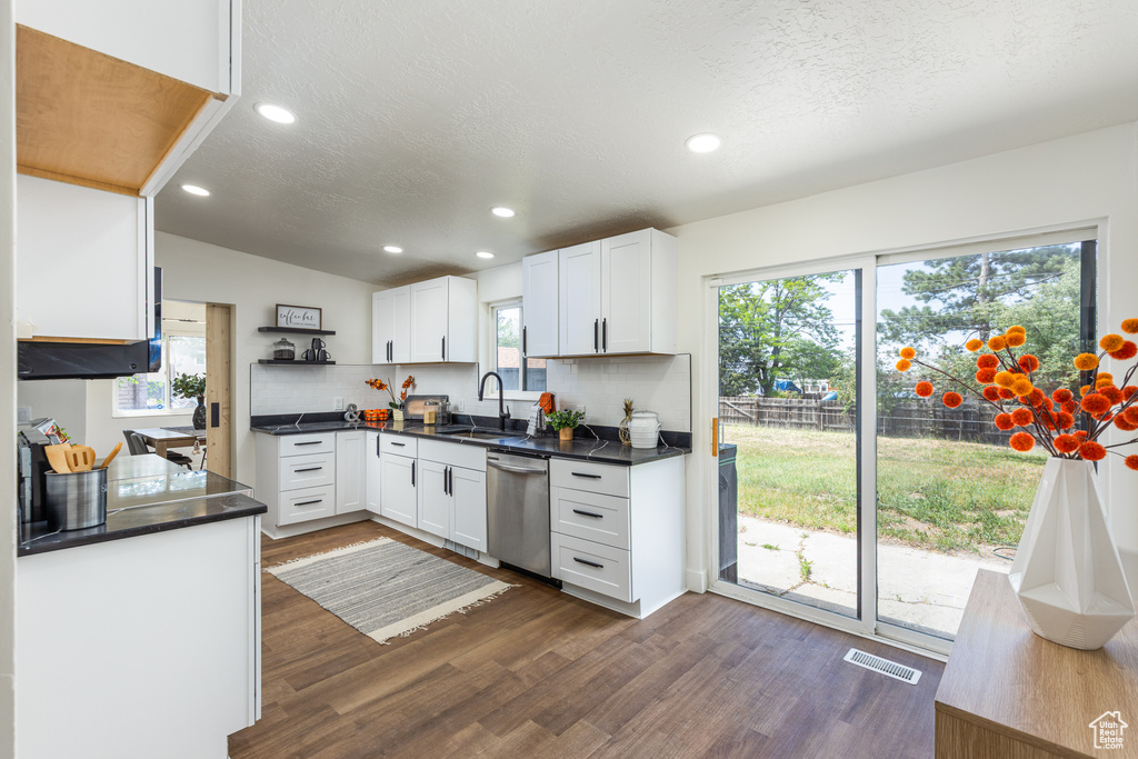 Kitchen featuring stainless steel dishwasher, dark wood-type flooring, dark countertops, recessed lighting, and a textured ceiling