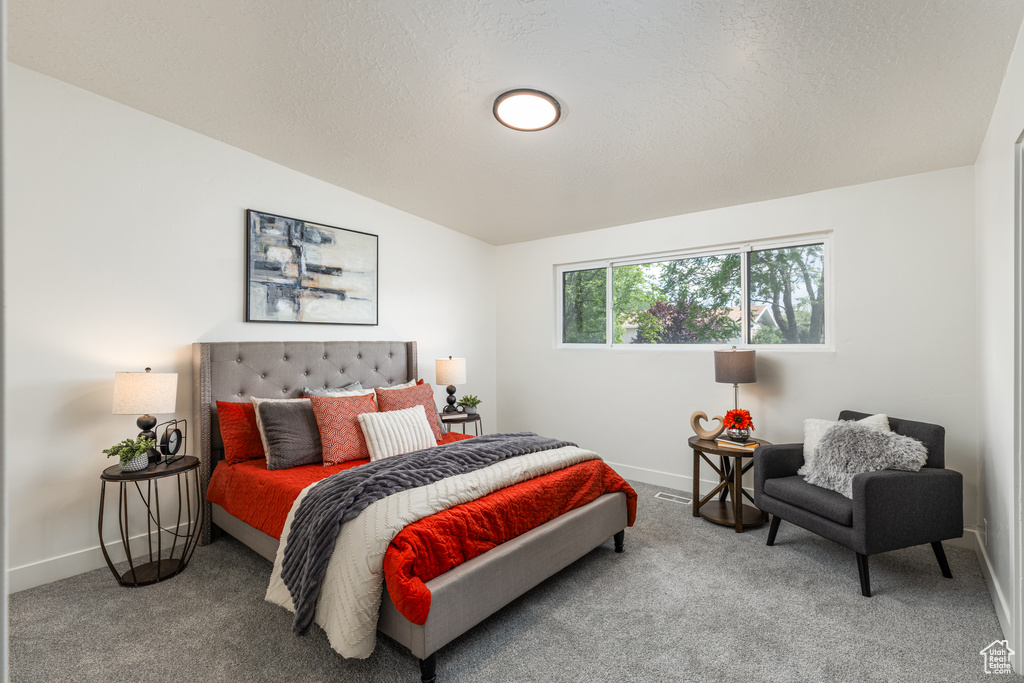 Carpeted bedroom with baseboards and vaulted ceiling