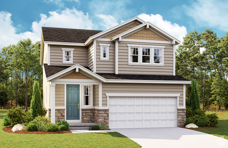 Craftsman inspired home featuring stone siding, an attached garage, driveway, a front yard, and a shingled roof