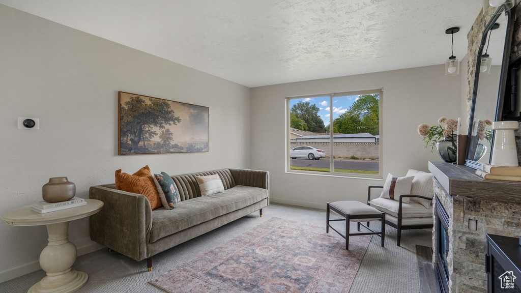 Living room with carpet, baseboards, and a textured ceiling