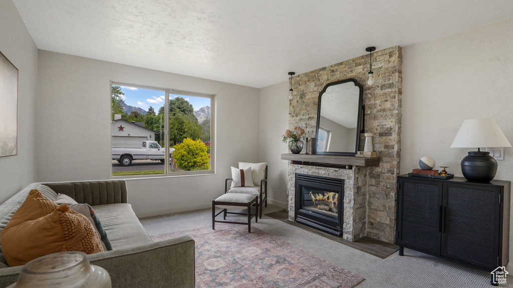 Living area with carpet floors, a stone fireplace, and baseboards