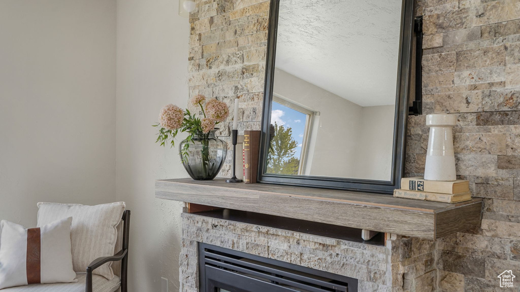 Detailed view of a glass covered fireplace and a textured ceiling
