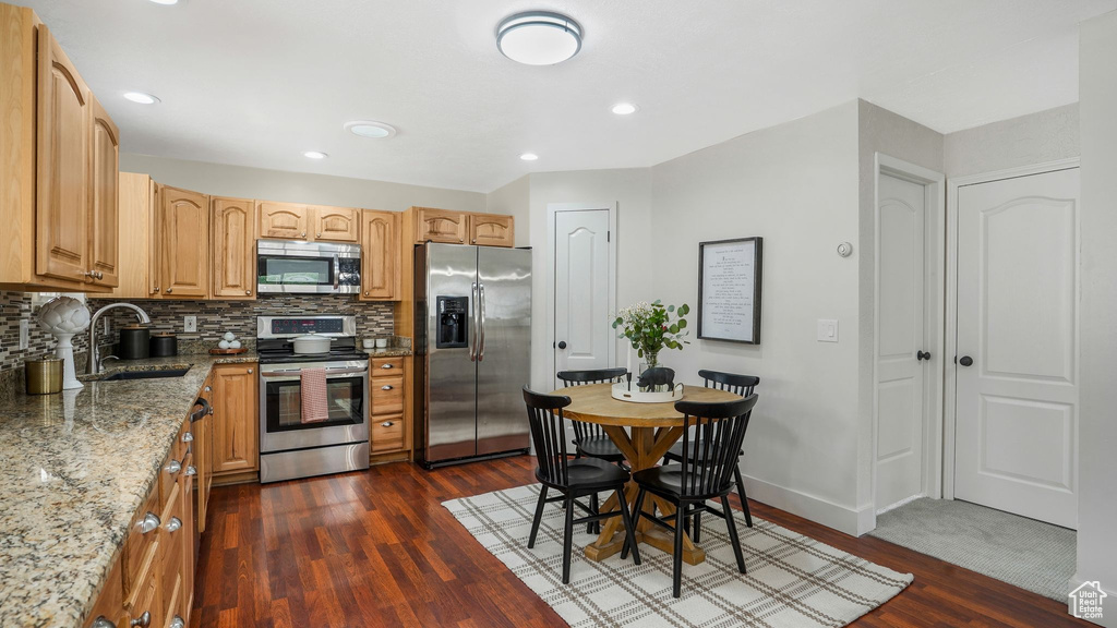 Kitchen featuring appliances with stainless steel finishes, a sink, dark wood-style floors, light stone countertops, and backsplash