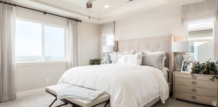 Bedroom with carpet floors, ornamental molding, baseboards, a raised ceiling, and recessed lighting