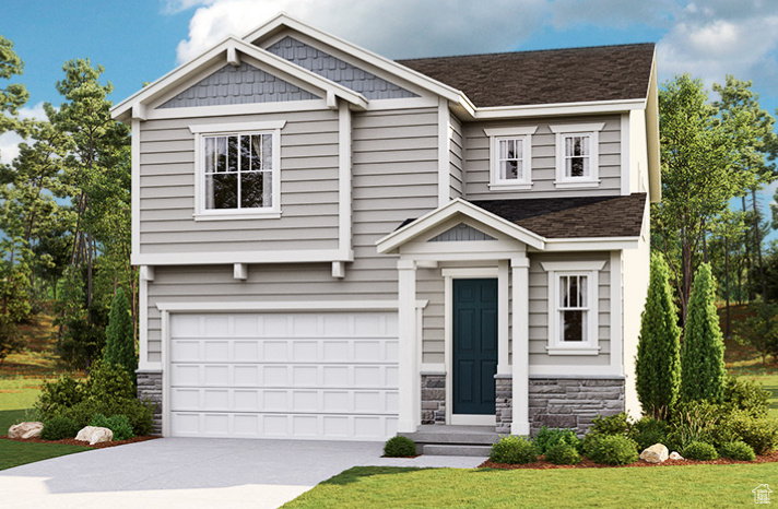 View of front of house with stone siding, driveway, an attached garage, a front yard, and roof with shingles