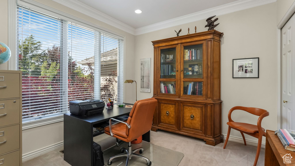 Office featuring baseboards, light carpet, and ornamental molding