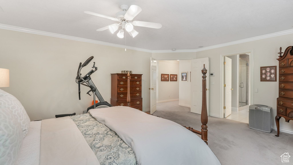 Bedroom with carpet, ornamental molding, baseboards, and ceiling fan