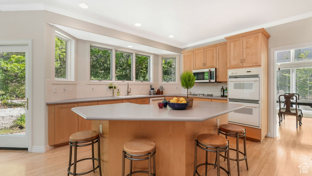 Kitchen featuring appliances with stainless steel finishes, a sink, backsplash, light wood finished floors, and light countertops