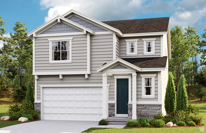 View of front of house with stone siding, concrete driveway, an attached garage, and a front lawn
