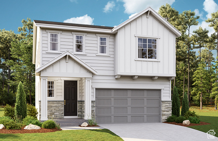 View of front of property with board and batten siding, stone siding, concrete driveway, a garage, and a front lawn