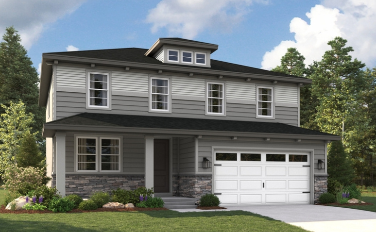 View of front of home with concrete driveway, an attached garage, stone siding, and a front yard
