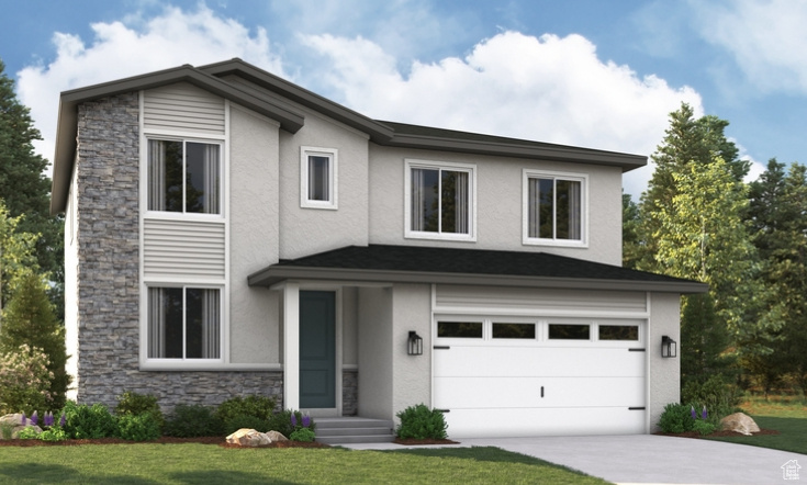 View of front of property featuring stone siding, a garage, concrete driveway, stucco siding, and a front yard