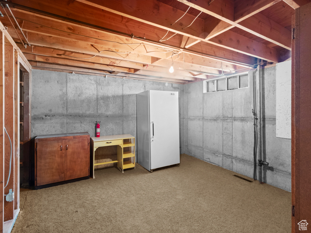 Unfinished below grade area with freestanding refrigerator