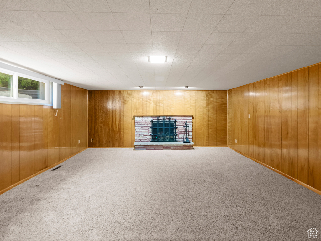Below grade area with wooden walls, a fireplace with raised hearth, and carpet flooring