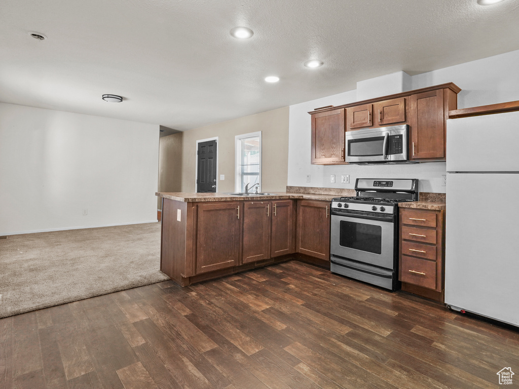 Kitchen featuring stainless steel appliances, a peninsula, a sink, dark wood-style floors, and open floor plan