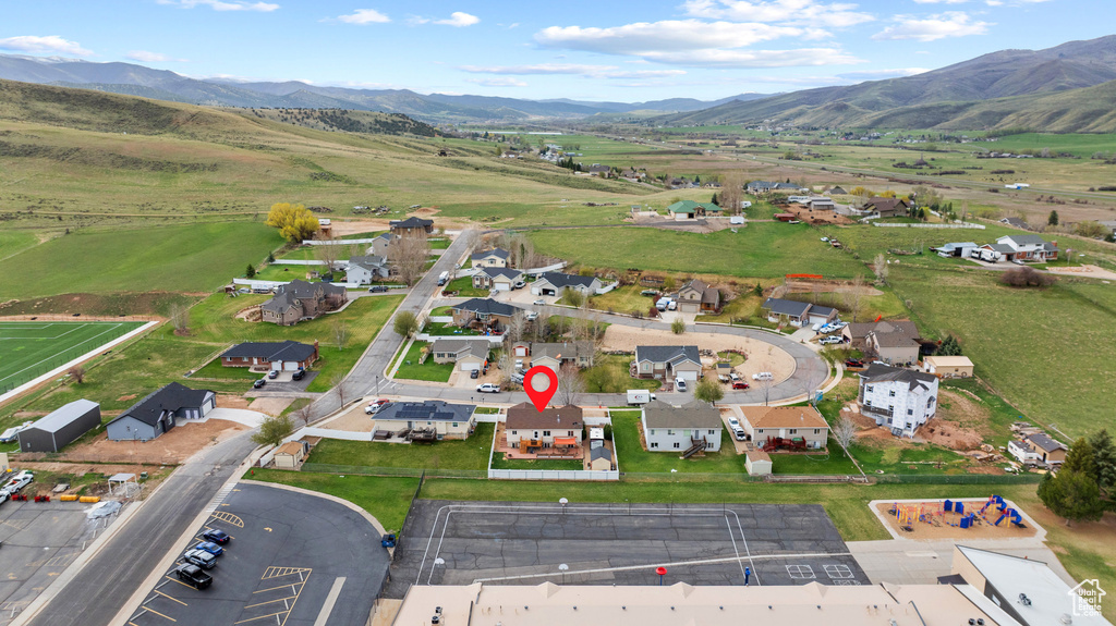 Birds eye view of property with a mountain view and a residential view