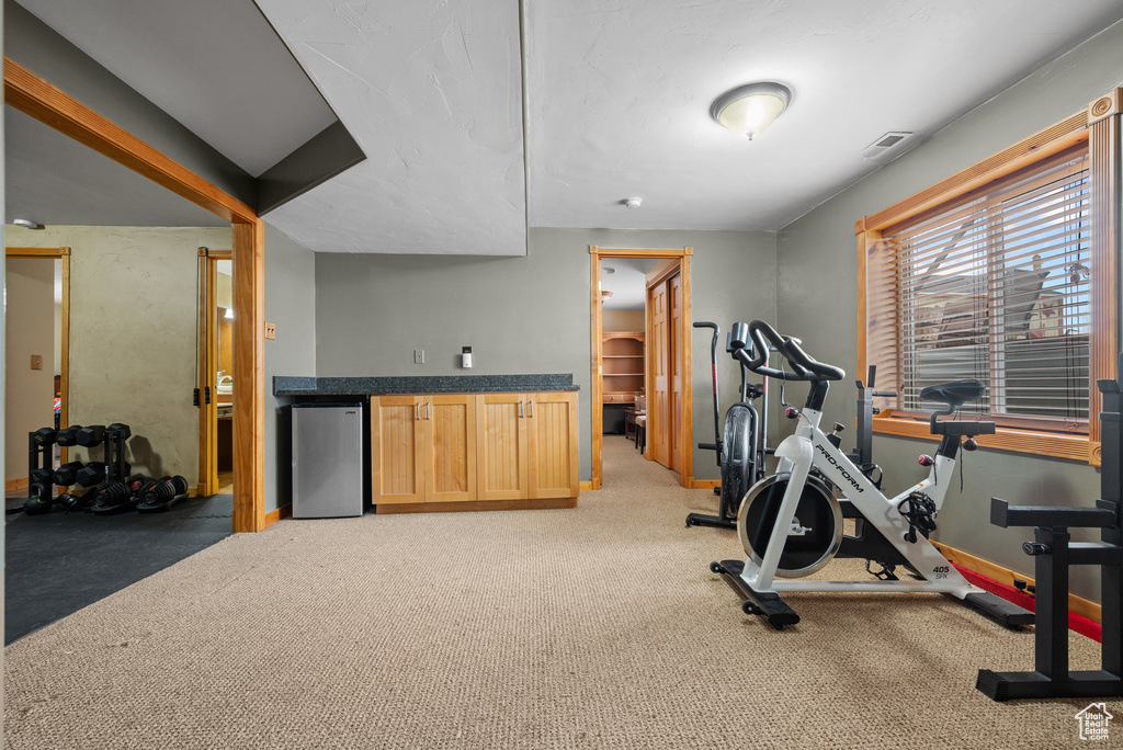 Workout area with a dry bar, visible vents, and light carpet