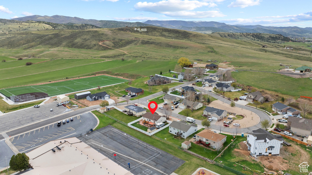 Birds eye view of property with a mountain view and a residential view