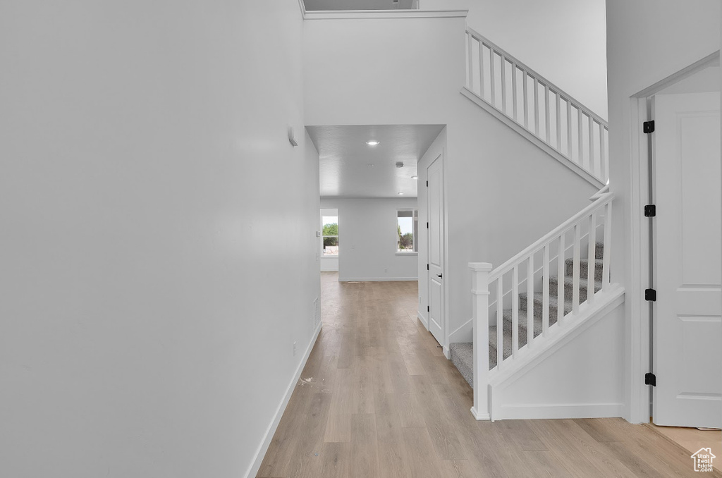 Staircase featuring wood finished floors