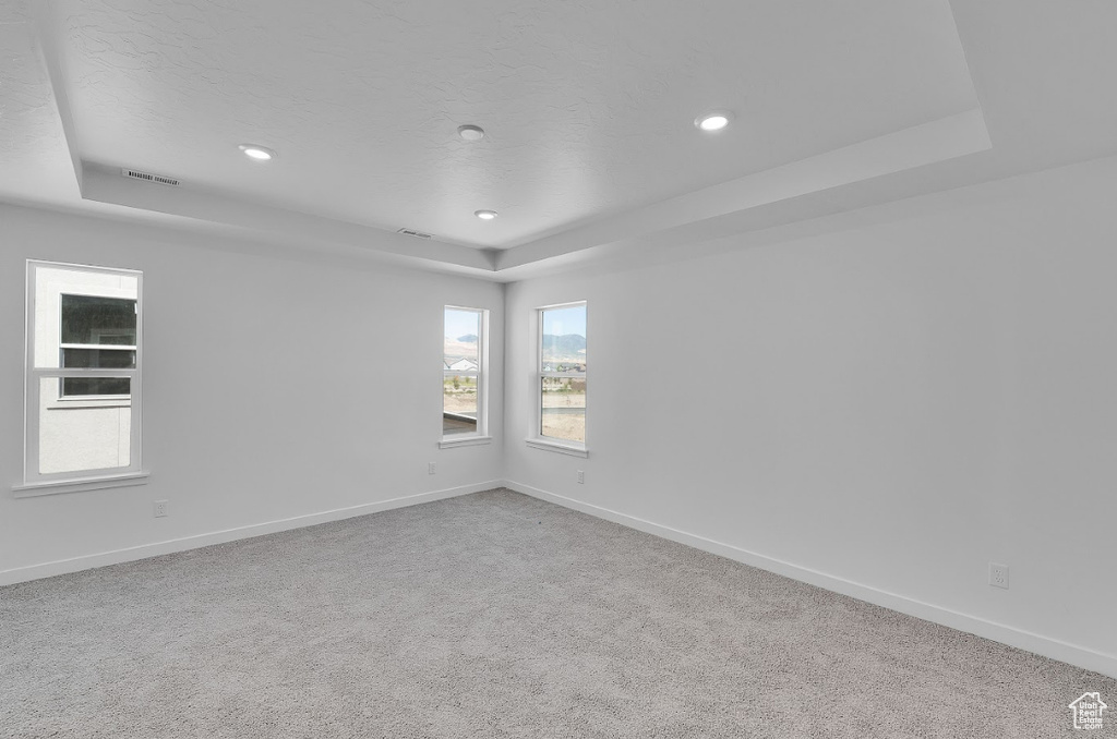 Carpeted spare room with a raised ceiling, recessed lighting, and a textured ceiling