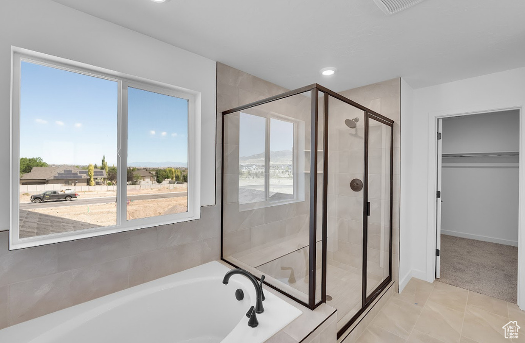 Full bath with a shower stall, a garden tub, a walk in closet, and recessed lighting