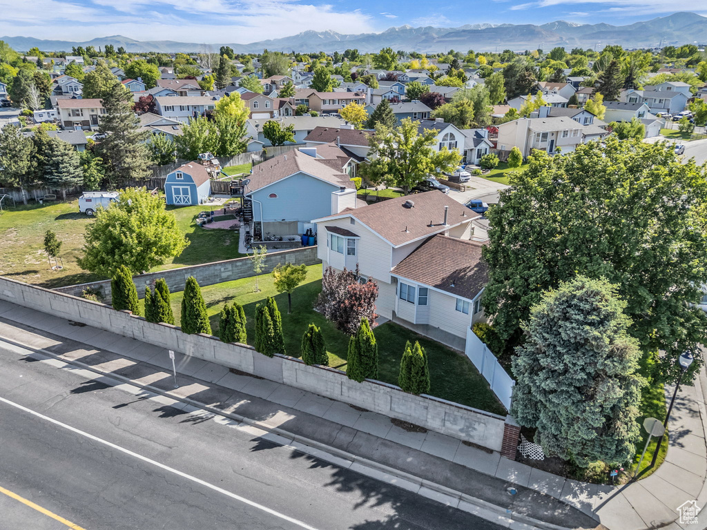 Aerial perspective of suburban area with mountains