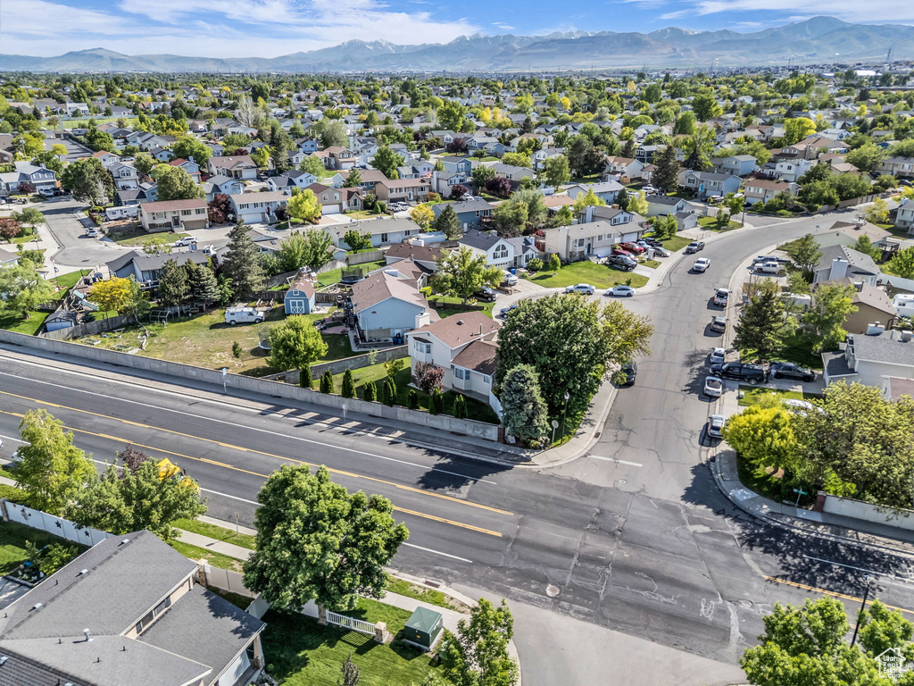 Aerial view of residential area with mountains