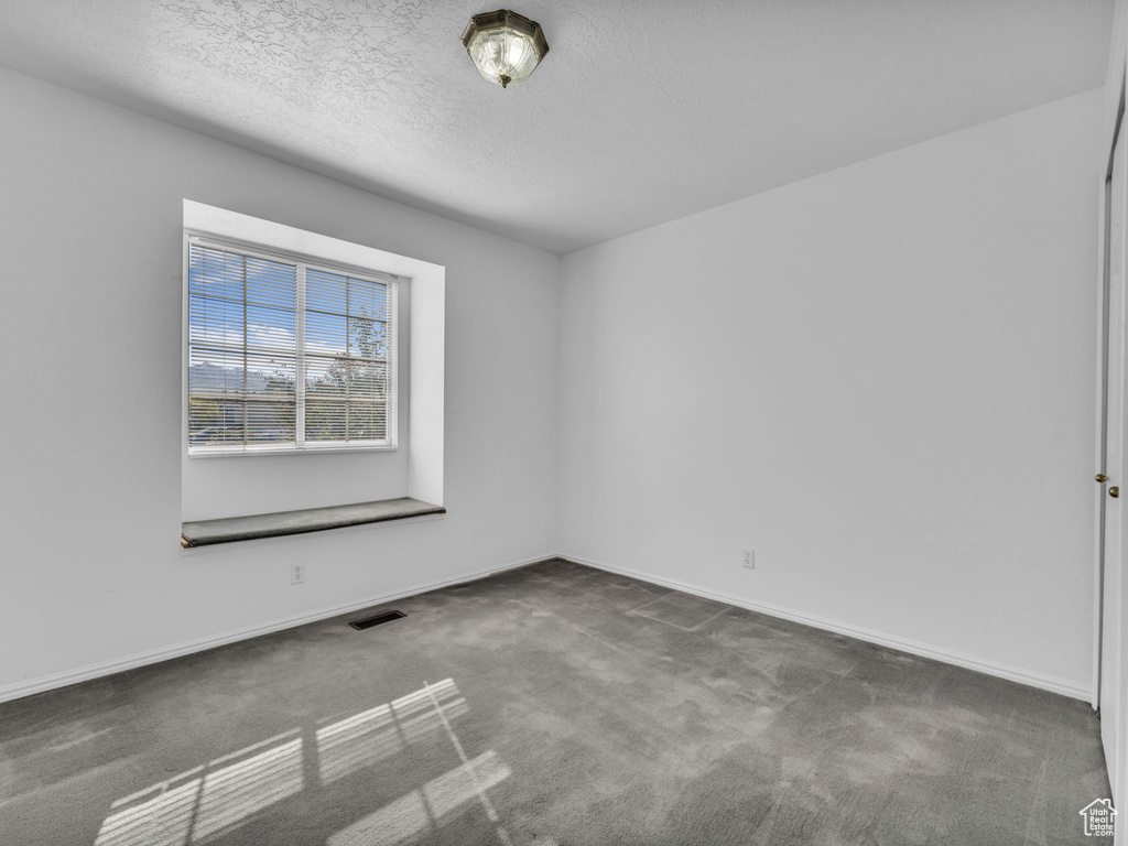 Carpeted spare room with a textured ceiling and baseboards