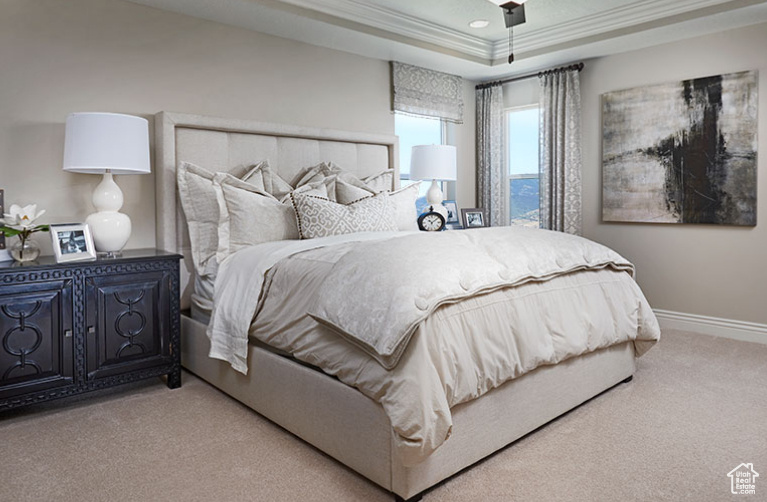 Carpeted bedroom featuring ornamental molding, a tray ceiling, and baseboards