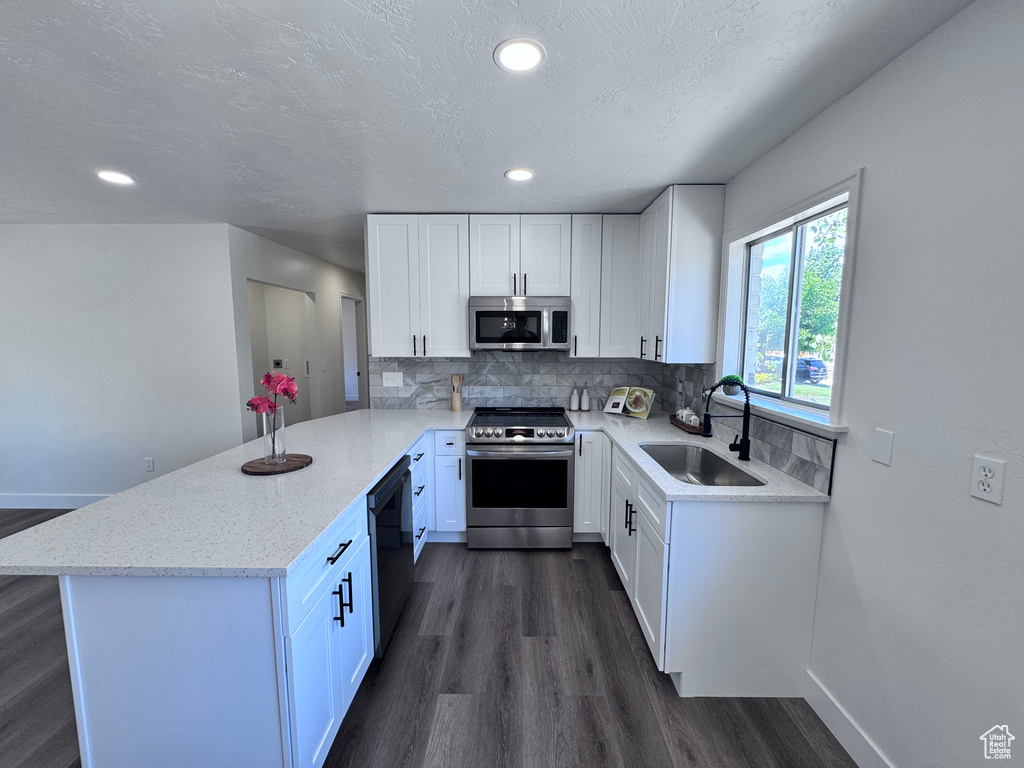 Kitchen with stainless steel appliances, a sink, a peninsula, dark wood-style floors, and recessed lighting