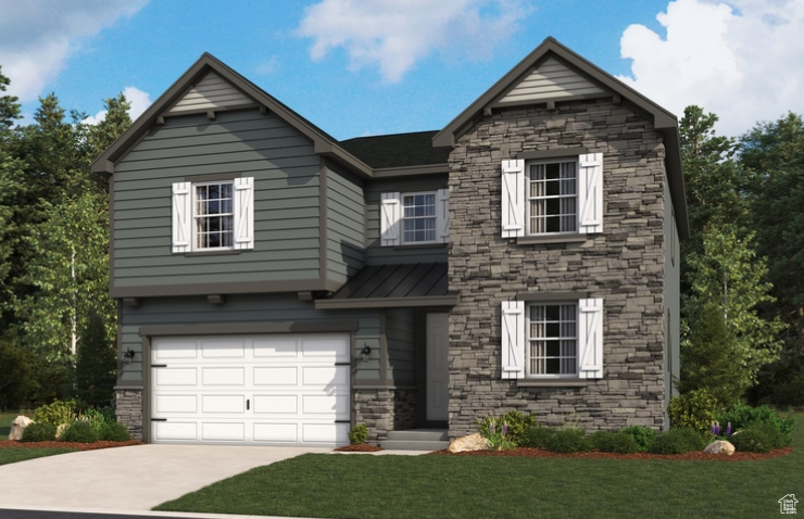 View of front of house featuring stone siding, a front lawn, driveway, and a standing seam roof