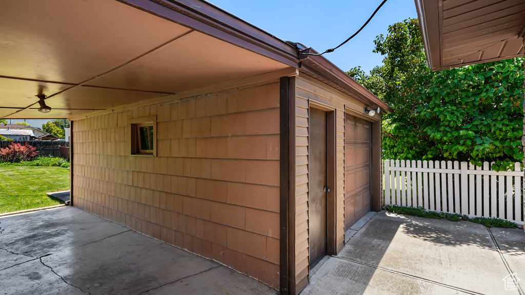 View of detached garage