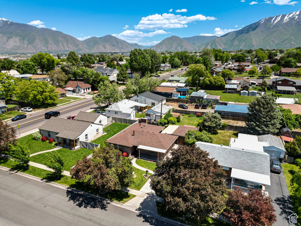 Aerial view of residential area with mountains