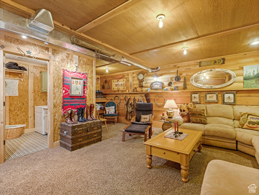 Carpeted living area featuring wood ceiling