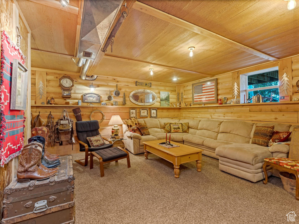 Living area featuring wood ceiling, rustic walls, and carpet floors