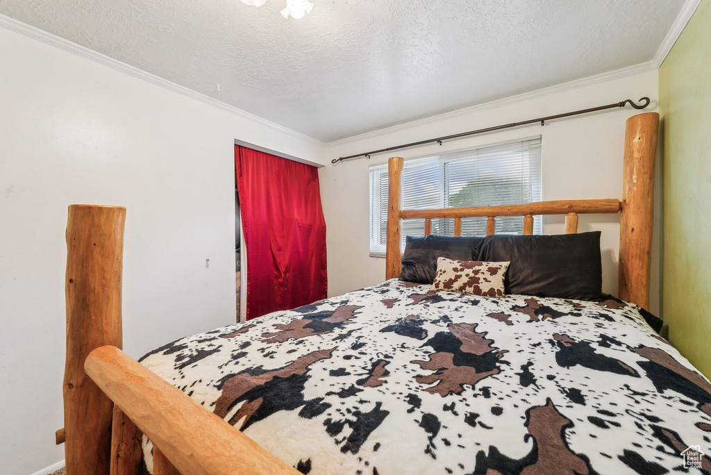 Bedroom featuring crown molding, a textured ceiling, a closet, and baseboards