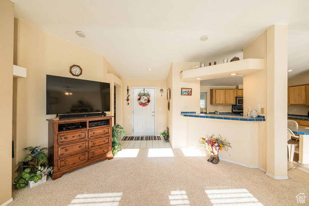 Living room featuring carpet floors and recessed lighting