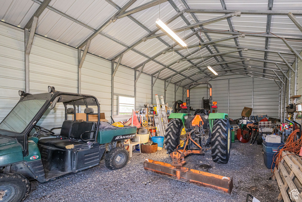 Garage featuring metal wall