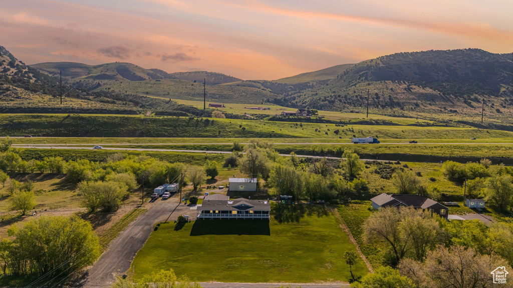 Aerial view at dusk of a rural view and a mountain view