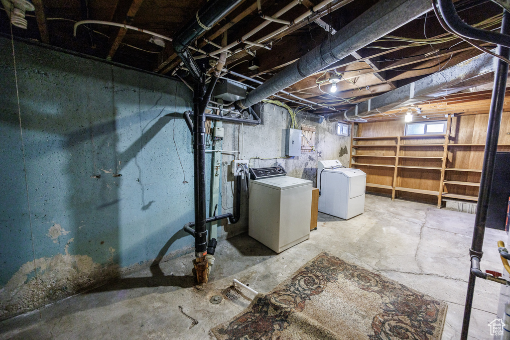 Basement featuring washing machine and dryer and electric panel