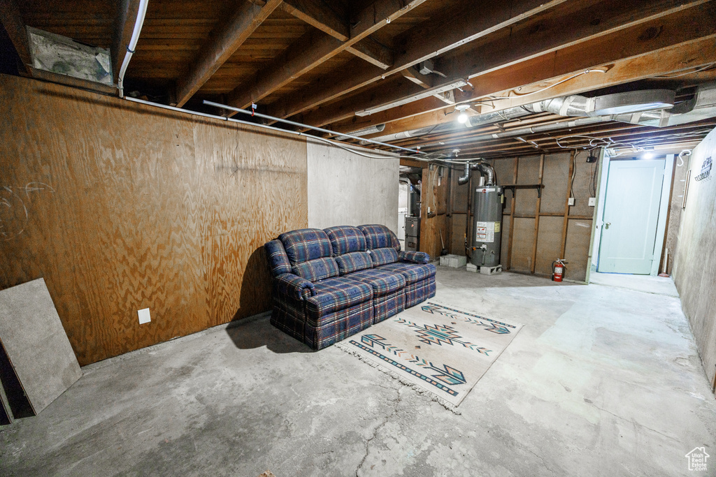 Unfinished basement with water heater